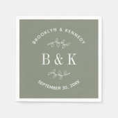Serviette En Papier Sage Green Floral Botanogram Nom du couple (Devant)
