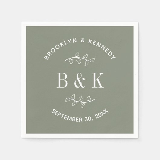 Serviette En Papier Sage Green Floral Botanogram Nom du couple (Devant)