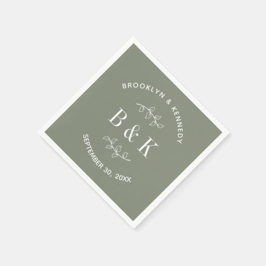 Serviette En Papier Sage Green Floral Botanogram Nom du couple (Coin)