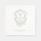 Serviette En Papier Sage Green Floral Crest Mariage classique (Devant)