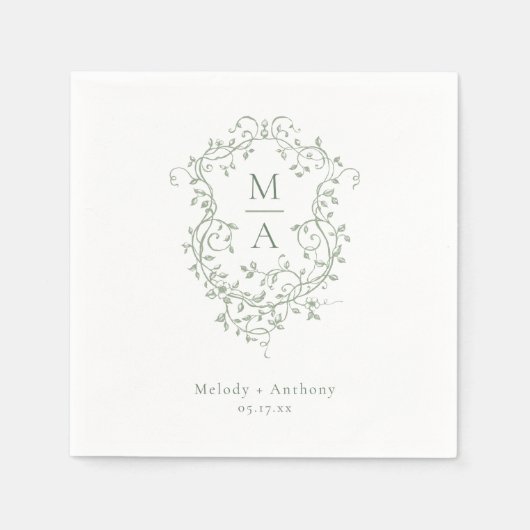Serviette En Papier Sage Green Floral Crest Mariage classique (Devant)
