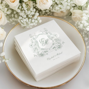 Serviette En Papier Sage Green Floral Crest Monogramme Mariage élégant