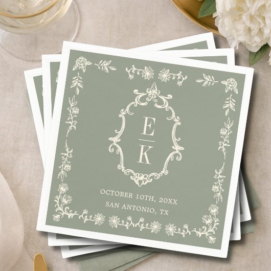 Serviette En Papier Sage Green Floral Old Money Monogram Crest Wedding