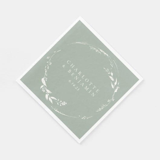 Serviette En Papier Sage Green Floral Wreath Monogramme personnalisé (Coin)