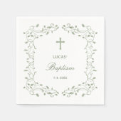 Serviette En Papier Sage Green Foliage Frame Baptism (Devant)