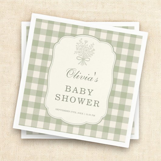 Serviette En Papier Sage Green Gingham Baby Shower Party