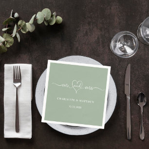 Serviette En Papier Sage green m. mrs heart script simple mariage