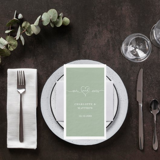 Serviette En Papier Sage green m. mrs heart script simple mariage