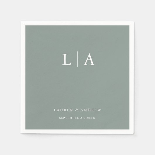 Serviette En Papier Sage Green Monogramme Élégant Mariage simple servi (Devant)