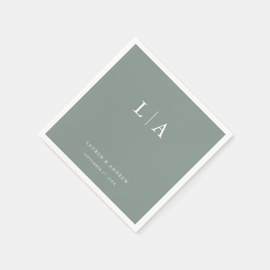 Serviette En Papier Sage Green Monogramme Élégant Mariage simple servi (Coin)