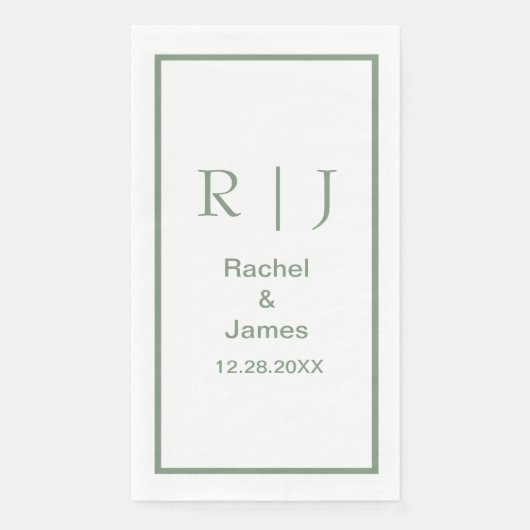 Serviette En Papier Sage Green Monogramme Initiales Nom Mariage simple (Devant)