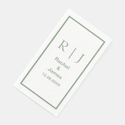 Serviette En Papier Sage Green Monogramme Initiales Nom Mariage simple (Coin)