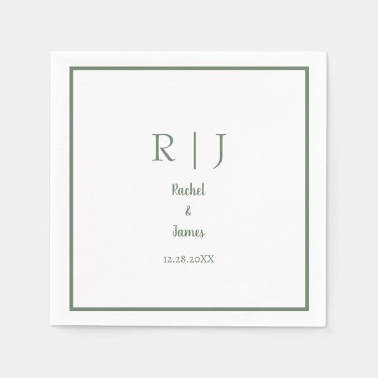Serviette En Papier Sage Green Monogramme Nom Mariage minimal élégant (Devant)