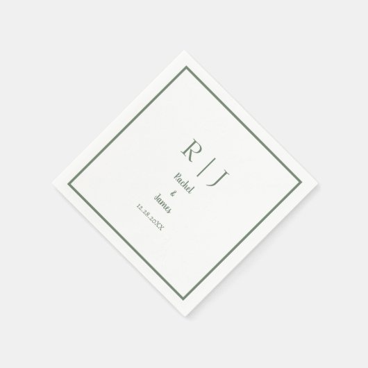 Serviette En Papier Sage Green Monogramme Nom Mariage minimal élégant (Coin)