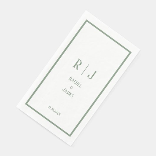 Serviette En Papier Sage Green Monogramme Nom Mariage minimal élégant (Coin)