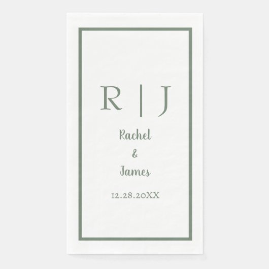 Serviette En Papier Sage Green Monogramme Nom Mariage minimal élégant (Devant)
