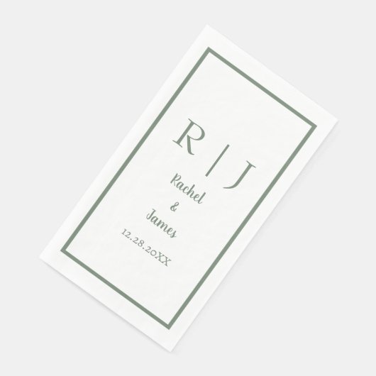 Serviette En Papier Sage Green Monogramme Nom Mariage minimal élégant (Coin)
