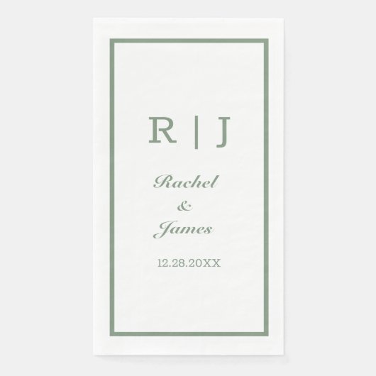 Serviette En Papier Sage Green Nom Monogramme Mariage minimal élégant (Devant)