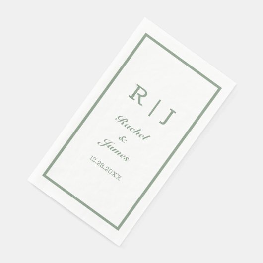 Serviette En Papier Sage Green Nom Monogramme Mariage minimal élégant (Coin)