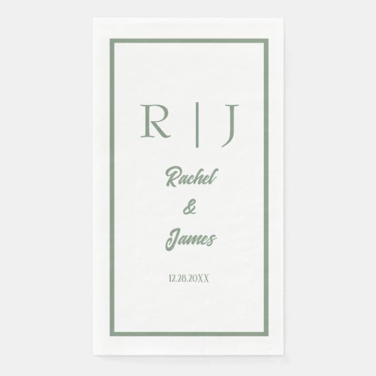 Serviette En Papier Sage Green Nom Monogramme Mariage minimal élégant (Devant)