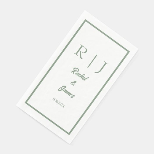 Serviette En Papier Sage Green Nom Monogramme Mariage minimal élégant (Coin)