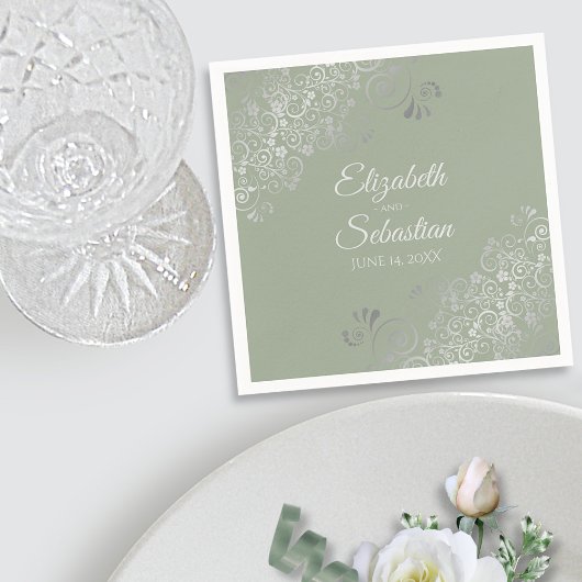 Serviette En Papier Sage Green & Silver Frills Mariage élégant