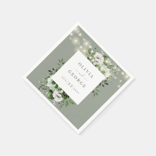 Serviette En Papier Sage Green String Lights Floral Mariage Napkin (Coin)