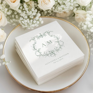 Serviette En Papier Sage Green Victorian Baroque Floral Crest Mariage