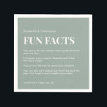 Serviette En Papier Sage Green white Custom fun fact list Mariage<br><div class="desc">Une idée unique et amusante pour mettre à niveau vos serviettes mariages. Personnalisez ces dessous de verre avec une liste de faits amusants sur la mariée et le marié. Utilisez ce modèle et faites parler les invités, un grand brise-glace. Simple avec typographie moderne en blanc et arrière - plan Sage...</div>