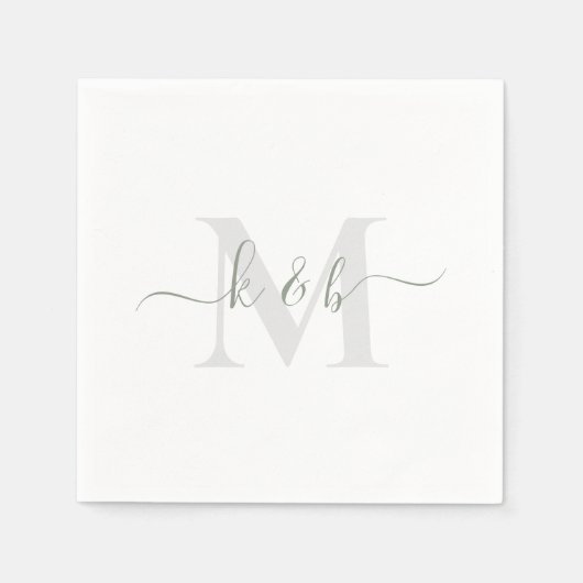Serviette En Papier Sage & Gris Monogramme Swash Script Blanc Cocktail (Devant)