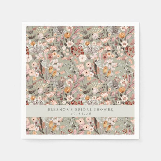 Serviette En Papier Sage Rustique Taupe Floral Boho Fête des mariées p (Devant)