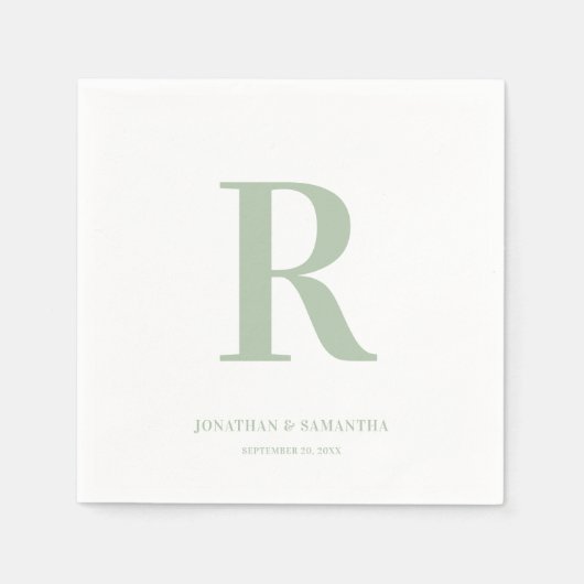 Serviette En Papier Sage vert et blanc Mariage Monogramme moderne (Devant)