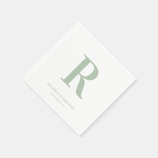 Serviette En Papier Sage vert et blanc Mariage Monogramme moderne (Coin)