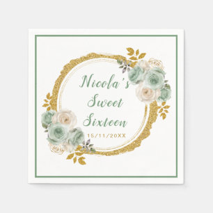 Serviette En Papier Sage Vert et or Elegant Fleurs Sweet sixteen