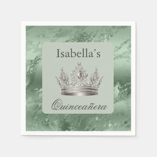 Serviette En Papier Sage Vert métal argent Tiara Couronne Quinceañera (Devant)