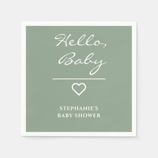 Serviette En Papier Sage vert minimal avec coeur Bonjour bébé (Devant)