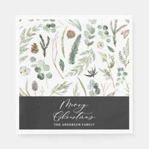 Serviette En Papier Sage vert noir Noël botanique minimal