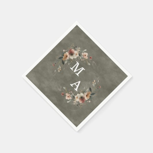 Serviette En Papier Sage Whisper Green Floral Wreath Mariage Monogramm (Coin)