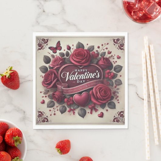 Serviette En Papier Saint Valentin Design avec Roses et coeur (En situation)