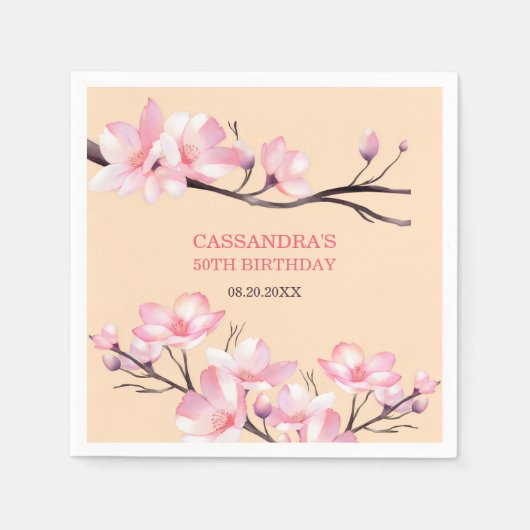 Serviette En Papier Sakura Blush rose cerisier fleur Peach Anniversair (Devant)