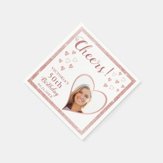 Serviette En Papier Salutations 50e anniversaire Rose Gold White Photo (Coin)