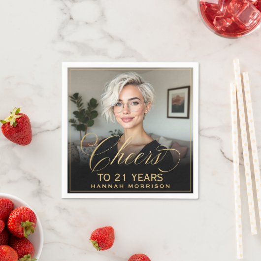 Serviette En Papier Salutations à 21 ans Anniversaire Photo Gold Black (En situation)