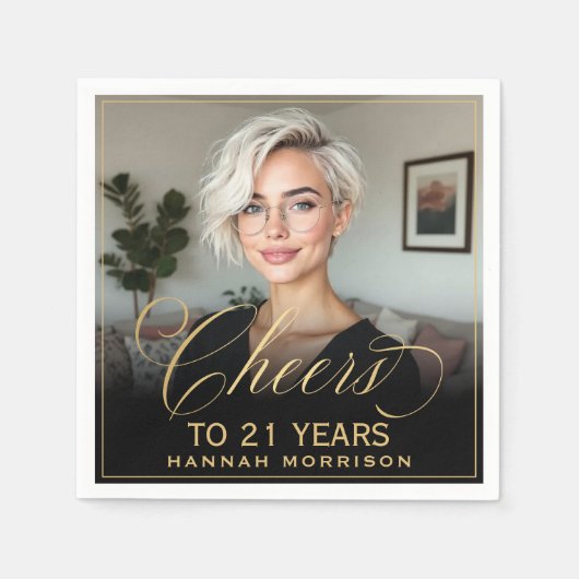 Serviette En Papier Salutations à 21 ans Anniversaire Photo Gold Black (Devant)