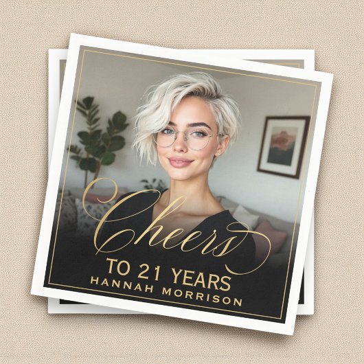 Serviette En Papier Salutations à 21 ans Anniversaire Photo Gold Black