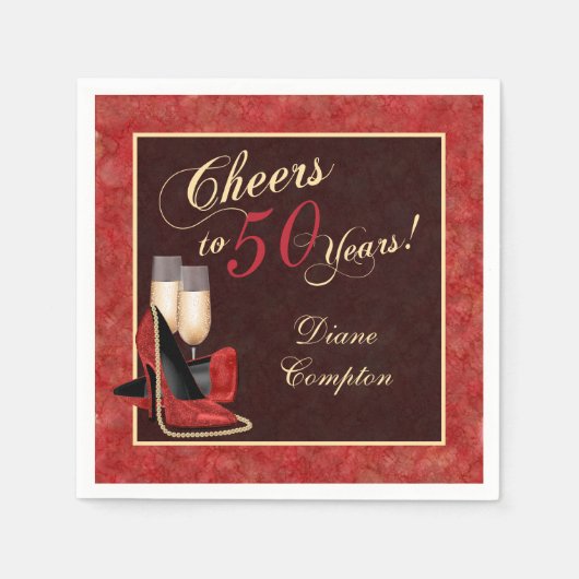 Serviette En Papier Salutations à 50 ans Rouge Or Noir (Devant)