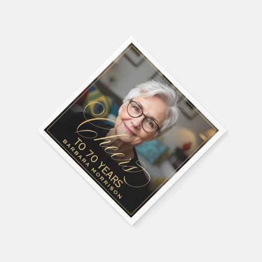 Serviette En Papier Salutations à 70 ans Anniversaire Photo Gold Noir (Coin)