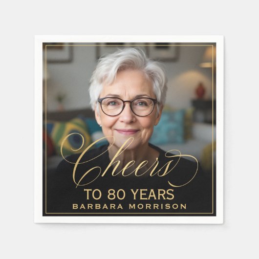 Serviette En Papier Salutations à 80 ans Anniversaire Photo Gold Noir (Devant)