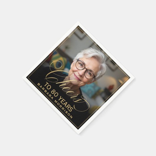 Serviette En Papier Salutations à 80 ans Anniversaire Photo Gold Noir (Coin)
