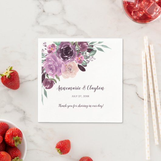 Serviette En Papier Sangria Purple Mauve Aquarelle Florale Réception | (En situation)