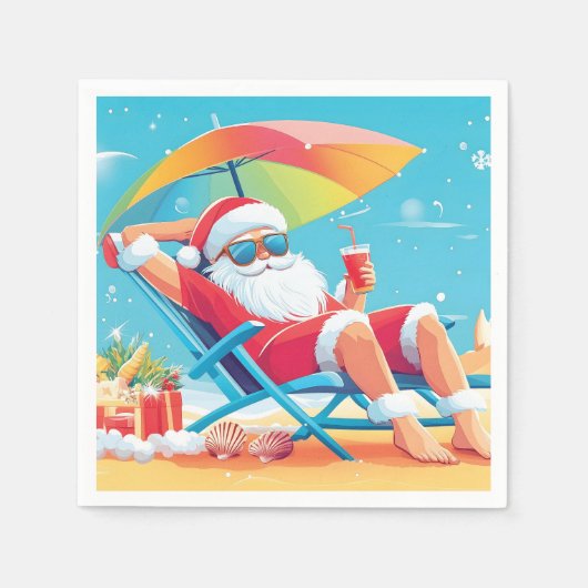 Serviette En Papier Santa Claus Se détendre sur une plage tropicale (Devant)